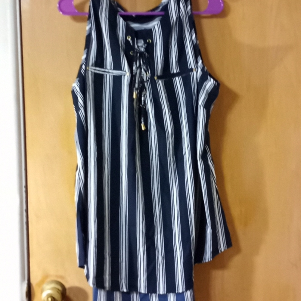 Blue and white sleeveless top